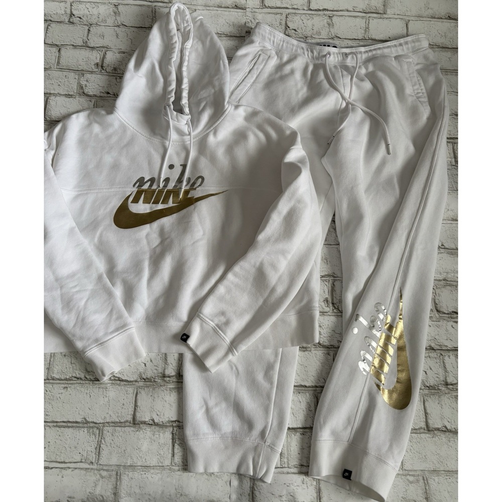 Nike women's tracksuit set in white with a metallic Gold Hoodie & Pants Set XL